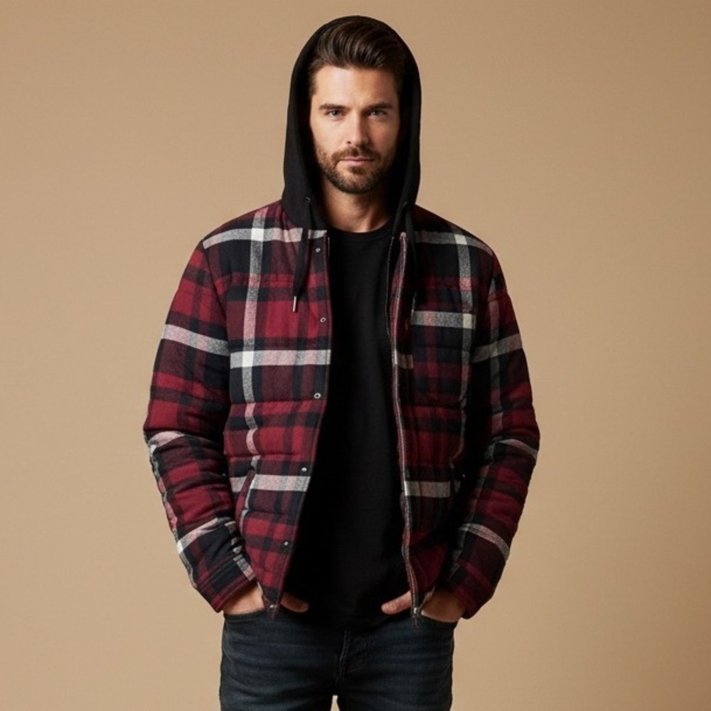 Levi's Men Small Plaid Quilted Flannel‎ Puffer Jacket Hooded Burgundy Black Warm